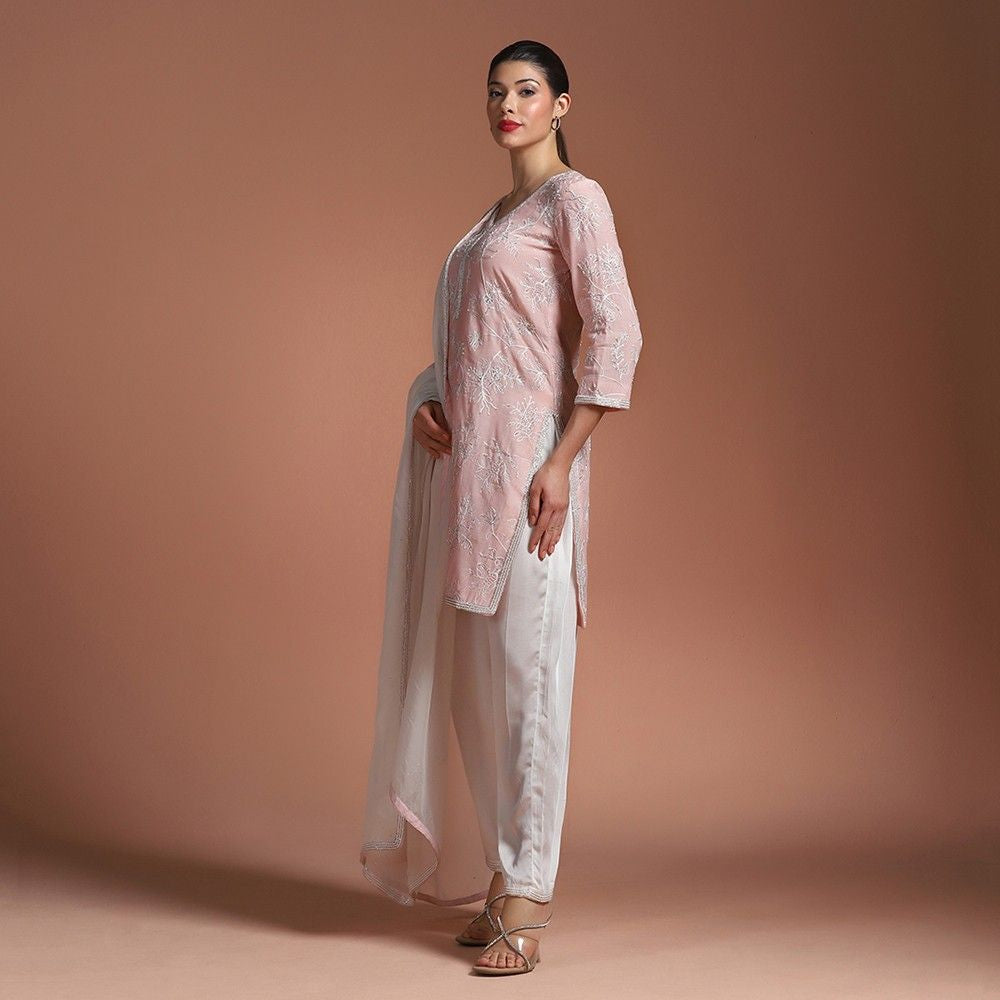 Elegant Pink Aari Work Kurta Set With Thread Embroidery & Hand Highlights