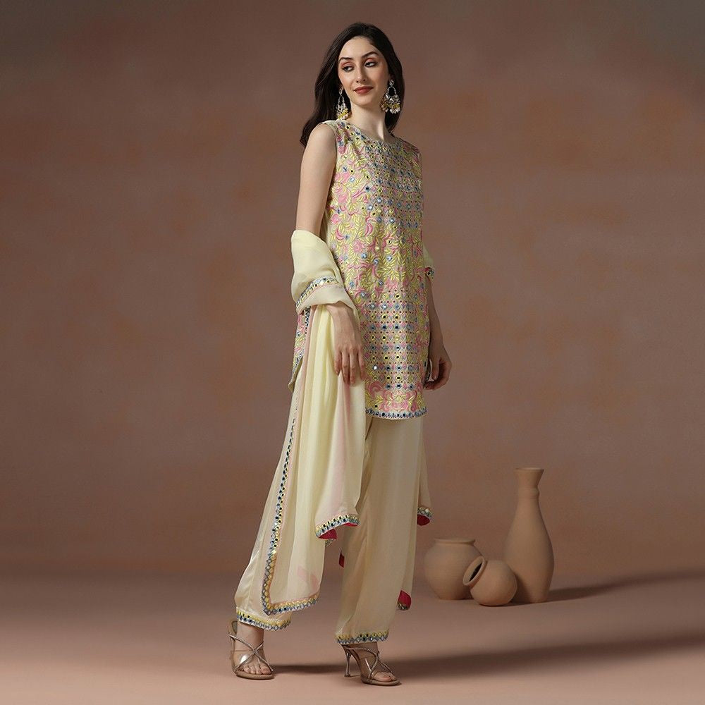 Pastel Yellow Georgette Mirror Work Kurta Set