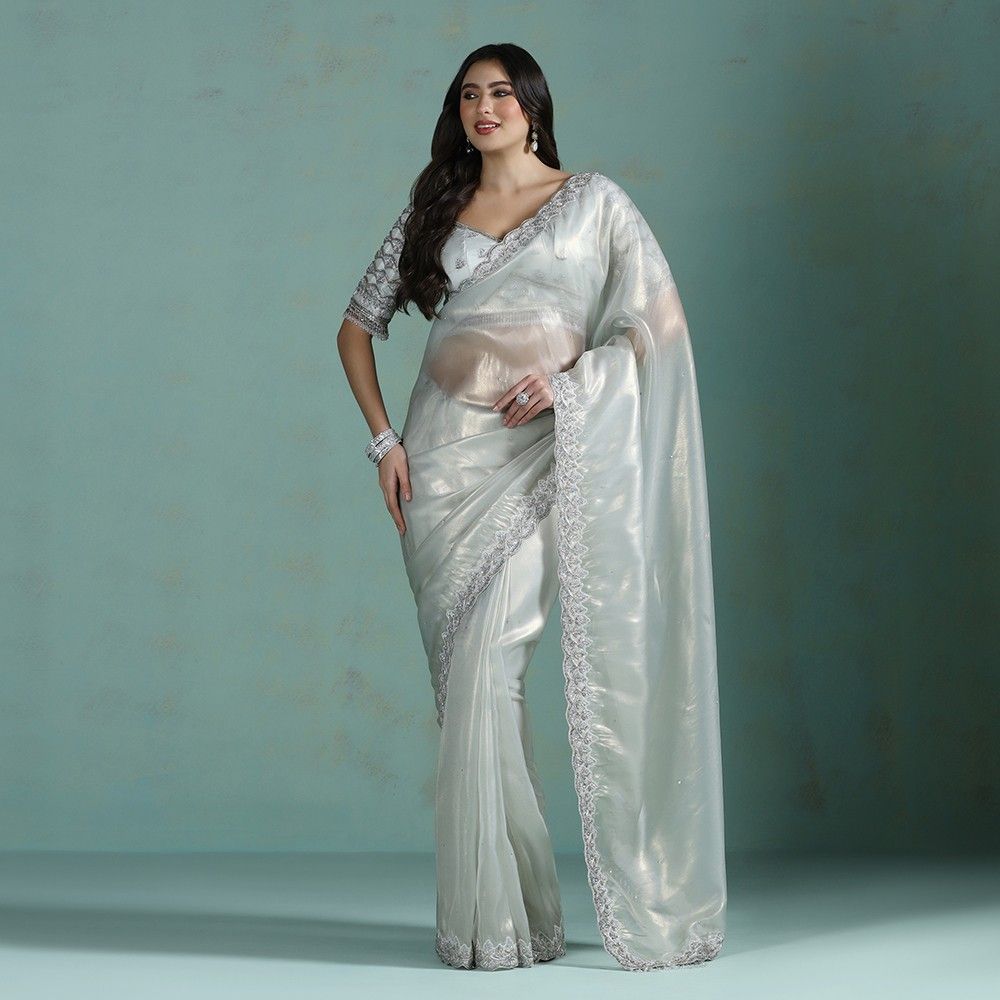 Moon Light Silver Hand Embroidered Silk Saree