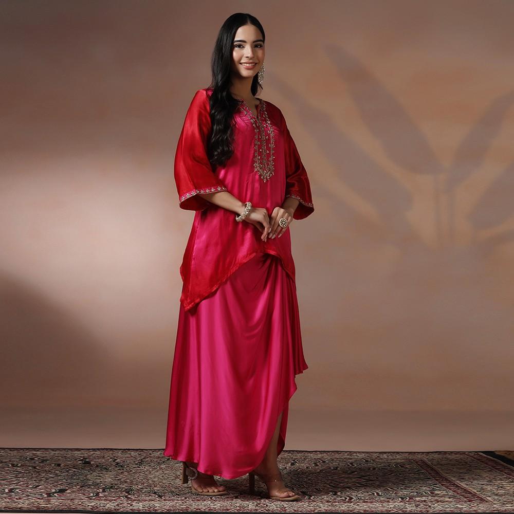 Rani Pink Embroidered Kurta & Drape Skirt Set