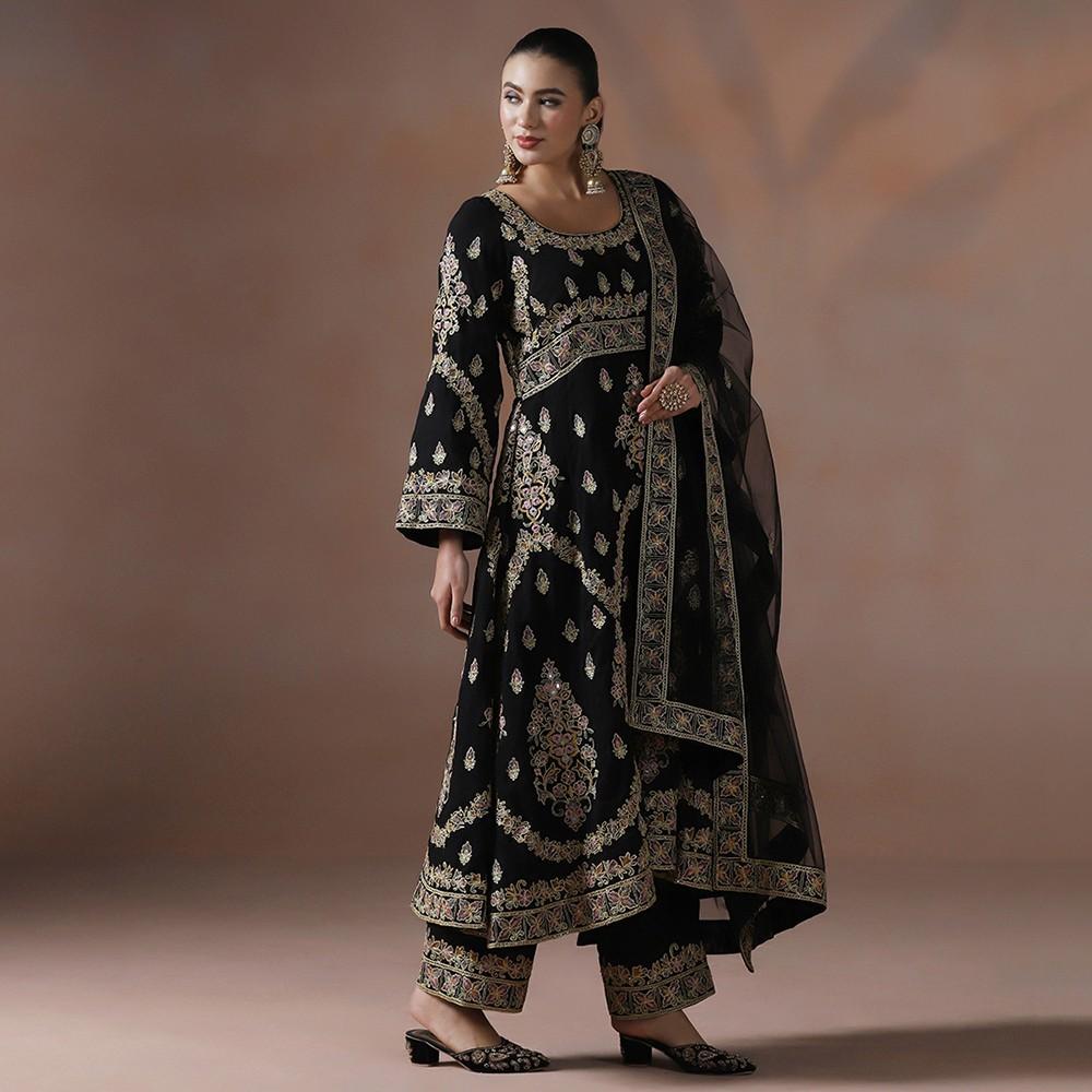 Black Georgette Anarkali Set with Intricate Resham Dori Work & Dupatta