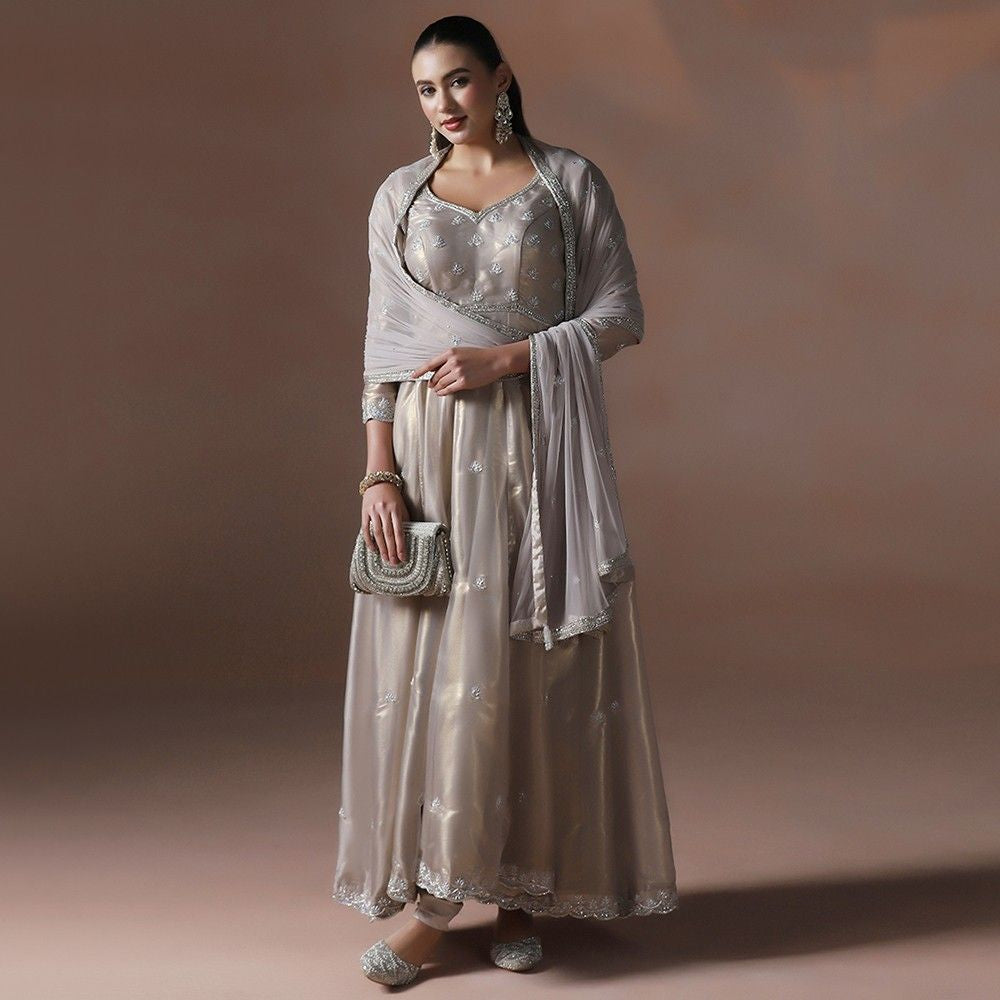 Moon Silver Hand Embroidered Anarkali Set with Dupatta