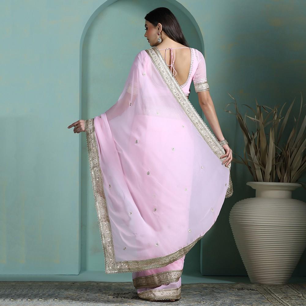 Pink Georgette Zari Border Saree