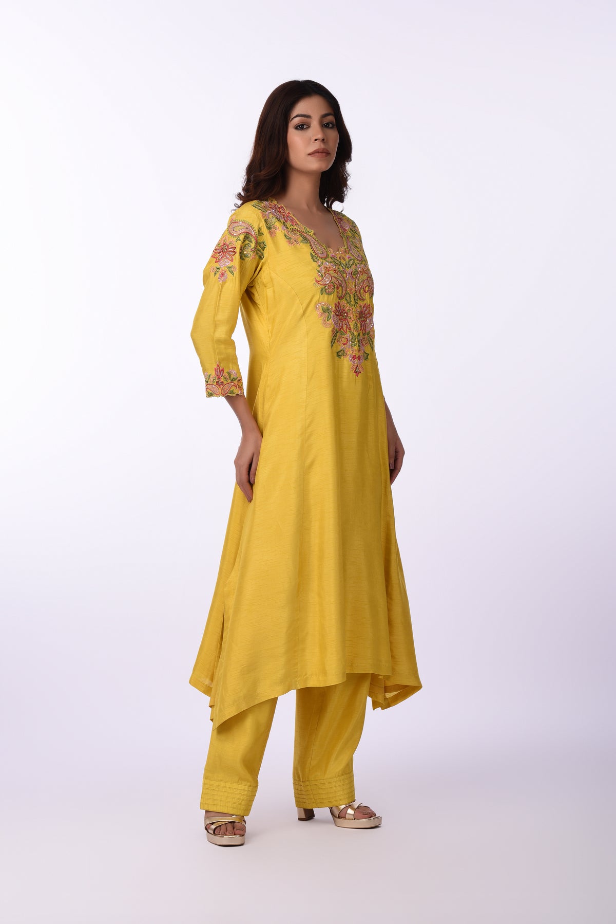 Kurti With Pants Vibrant Yellow Thread Embroidered Kurta Set