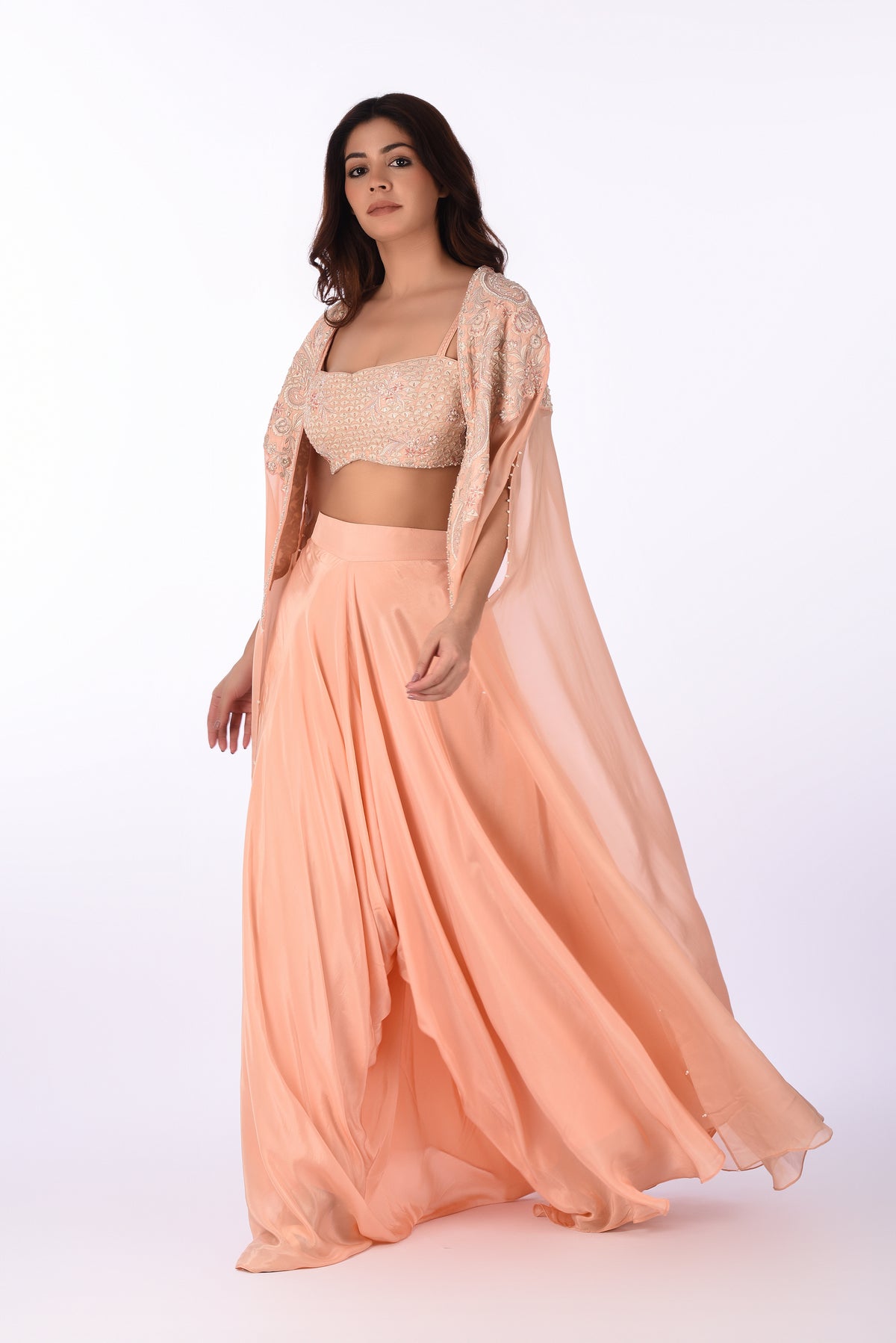 Blouse Jacket With Bottom Peach Embroidered Blouse Set with Cape