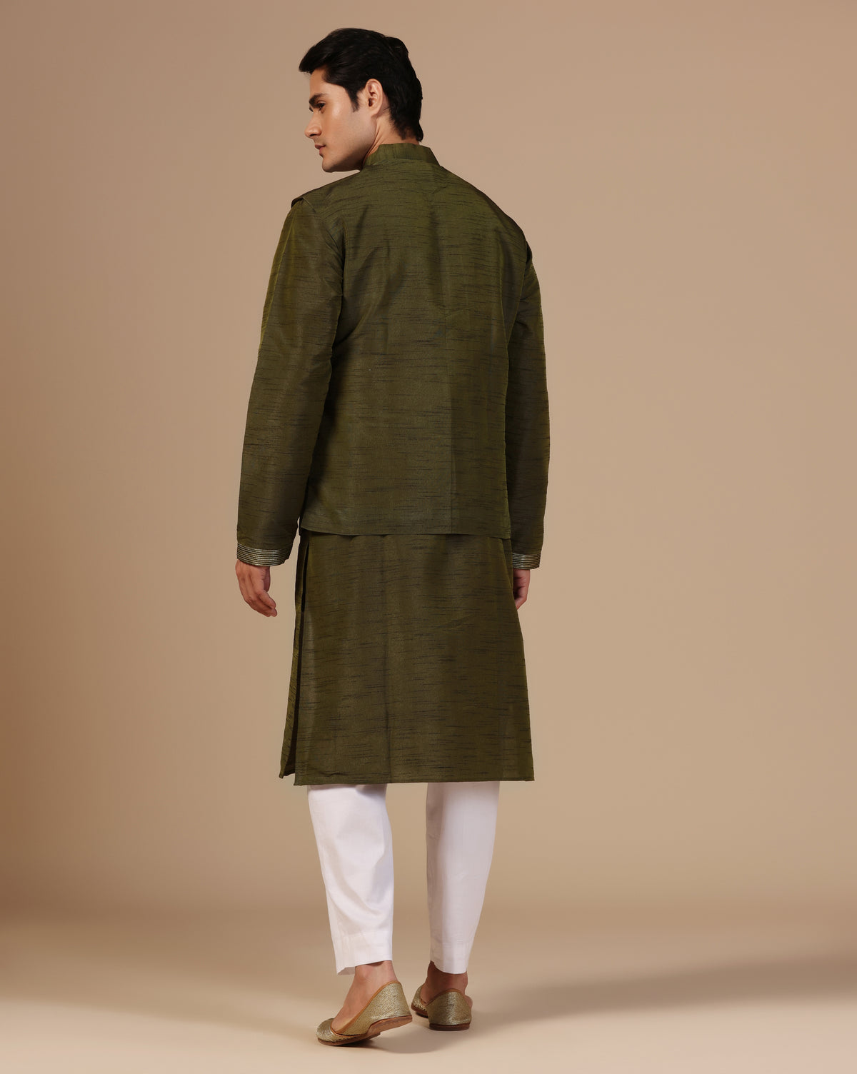 Men's Dupion Silk Olive Green Kurta Set With Nehru Jacket
