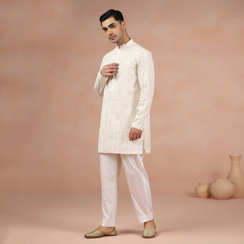 Cream Chanderi Embroidered Kurta Set