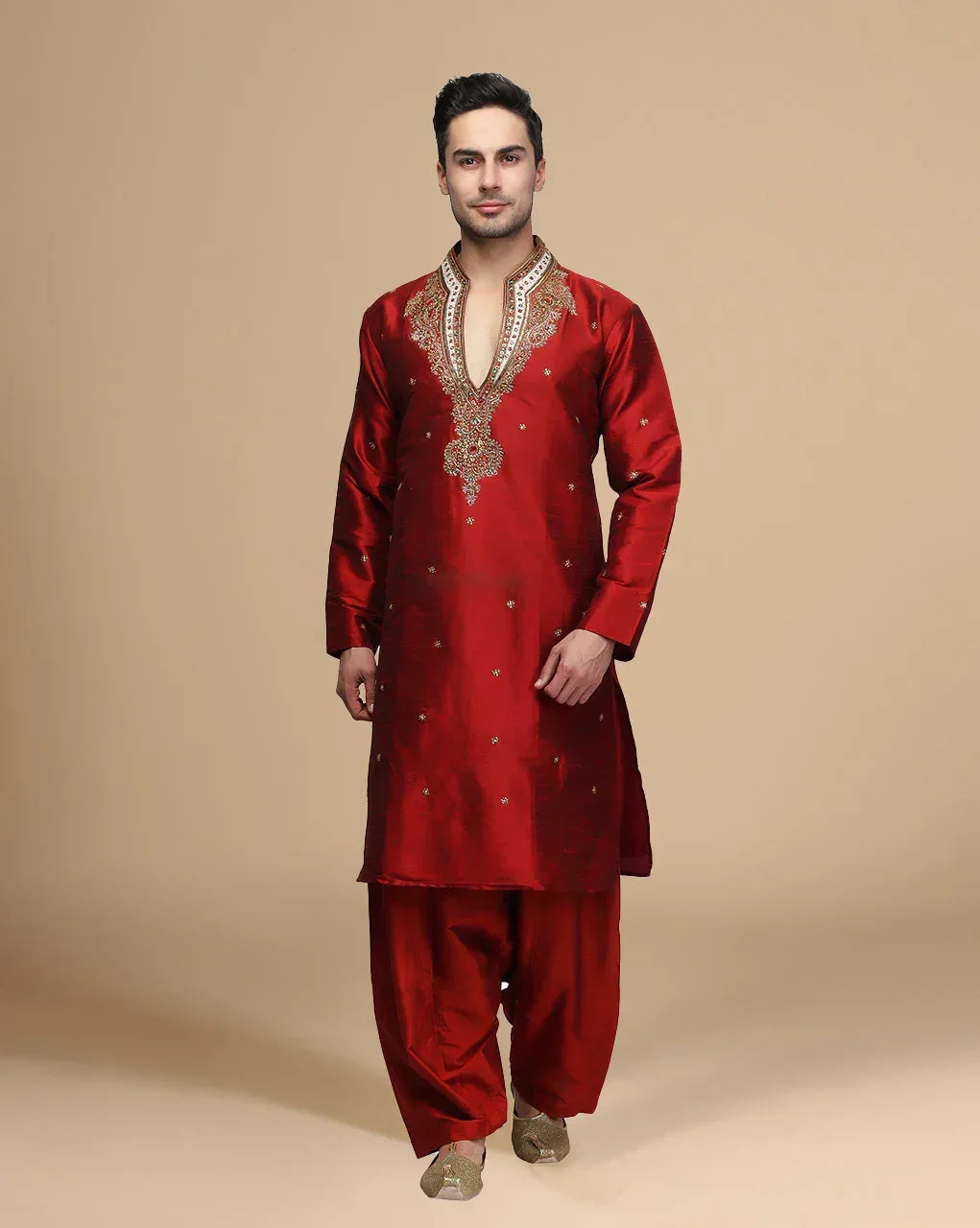 Men's Maroon Red Kurta Set.