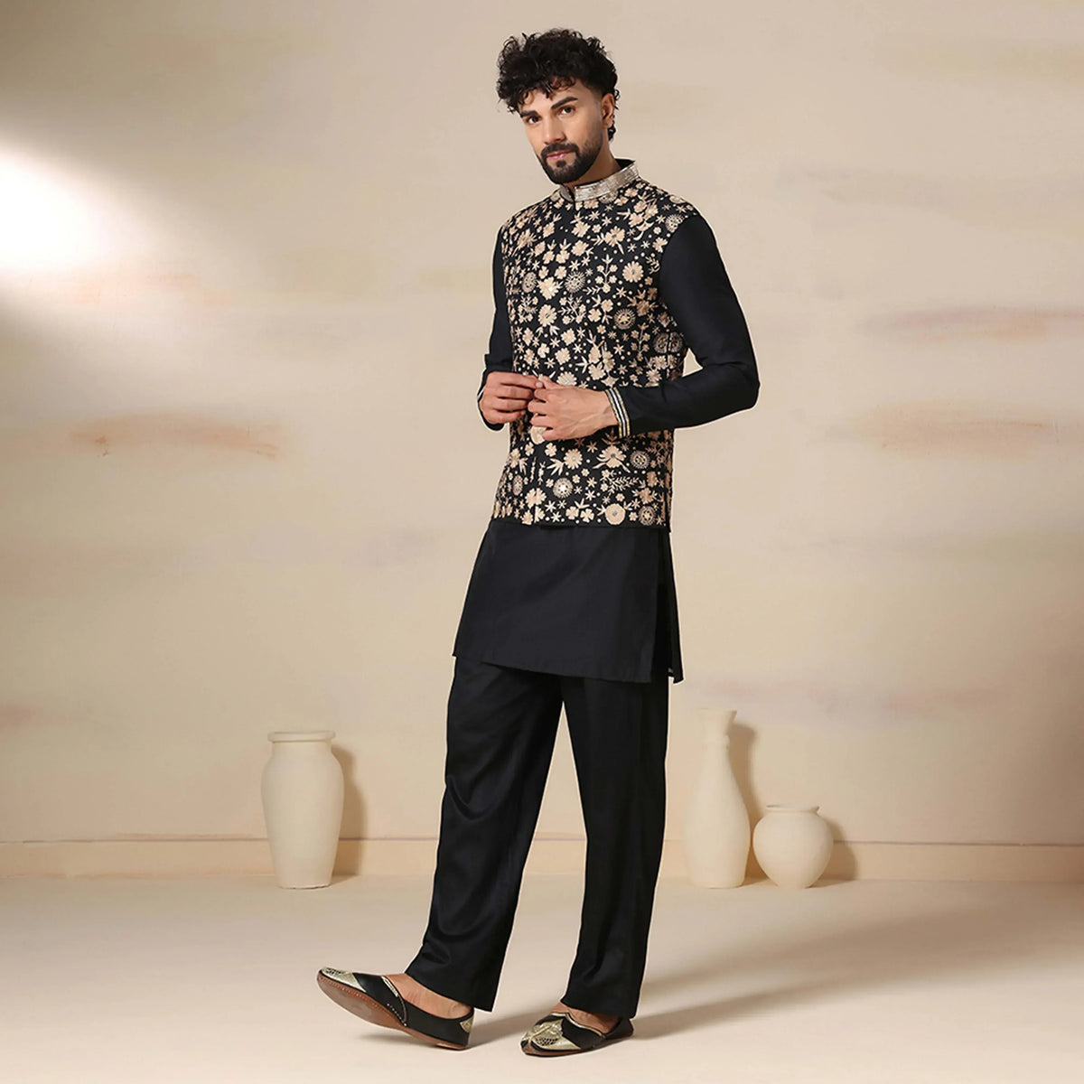 Classic Men's Bundi Jacket With Aari Work & Kurta Pants Set