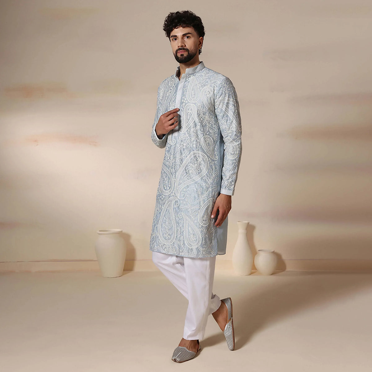 Powder Blue Men's Kurta Set With Delicate Threads Aari Work