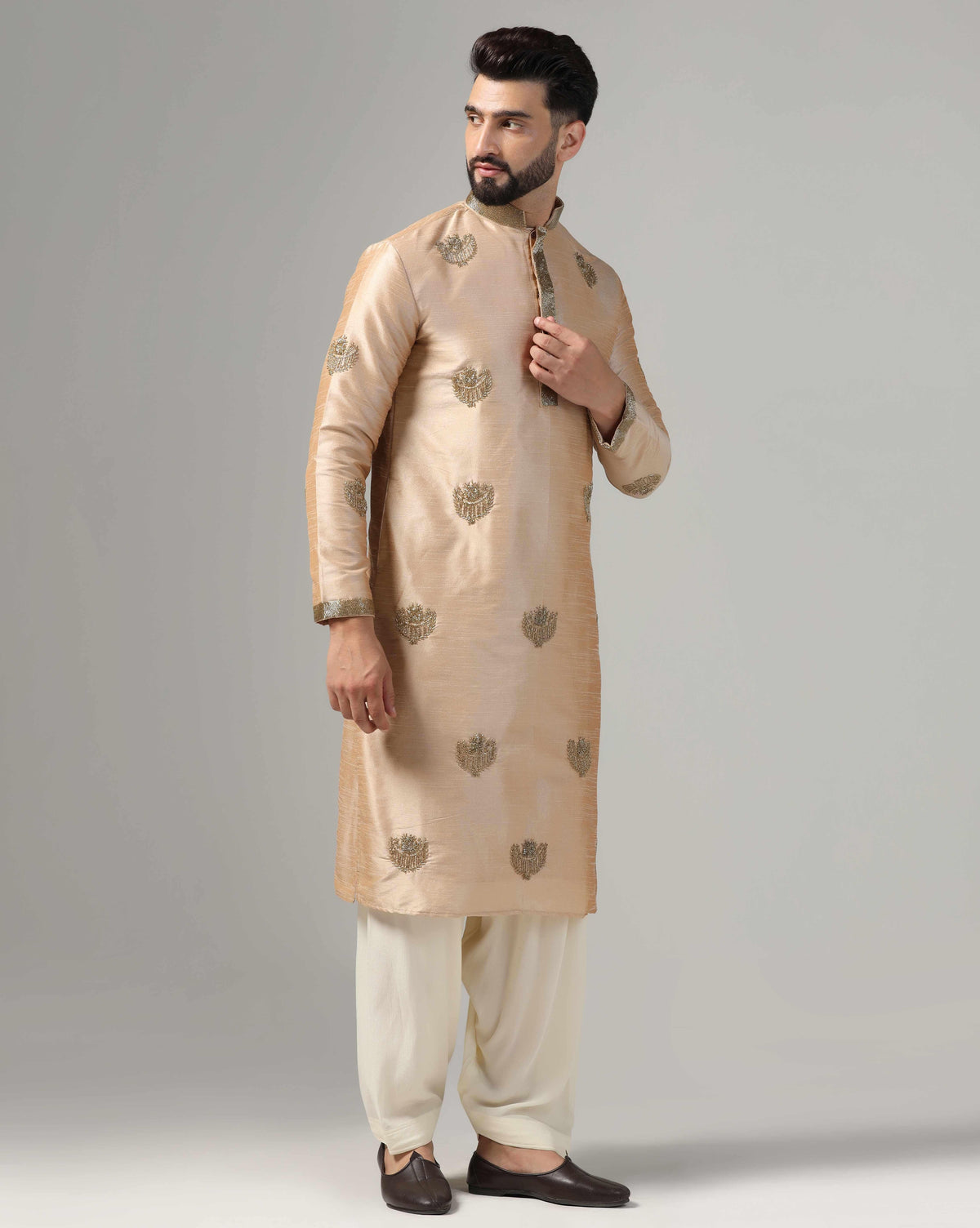 Men's Gold Kurta Set With Intricate Gold Hand Embroidery