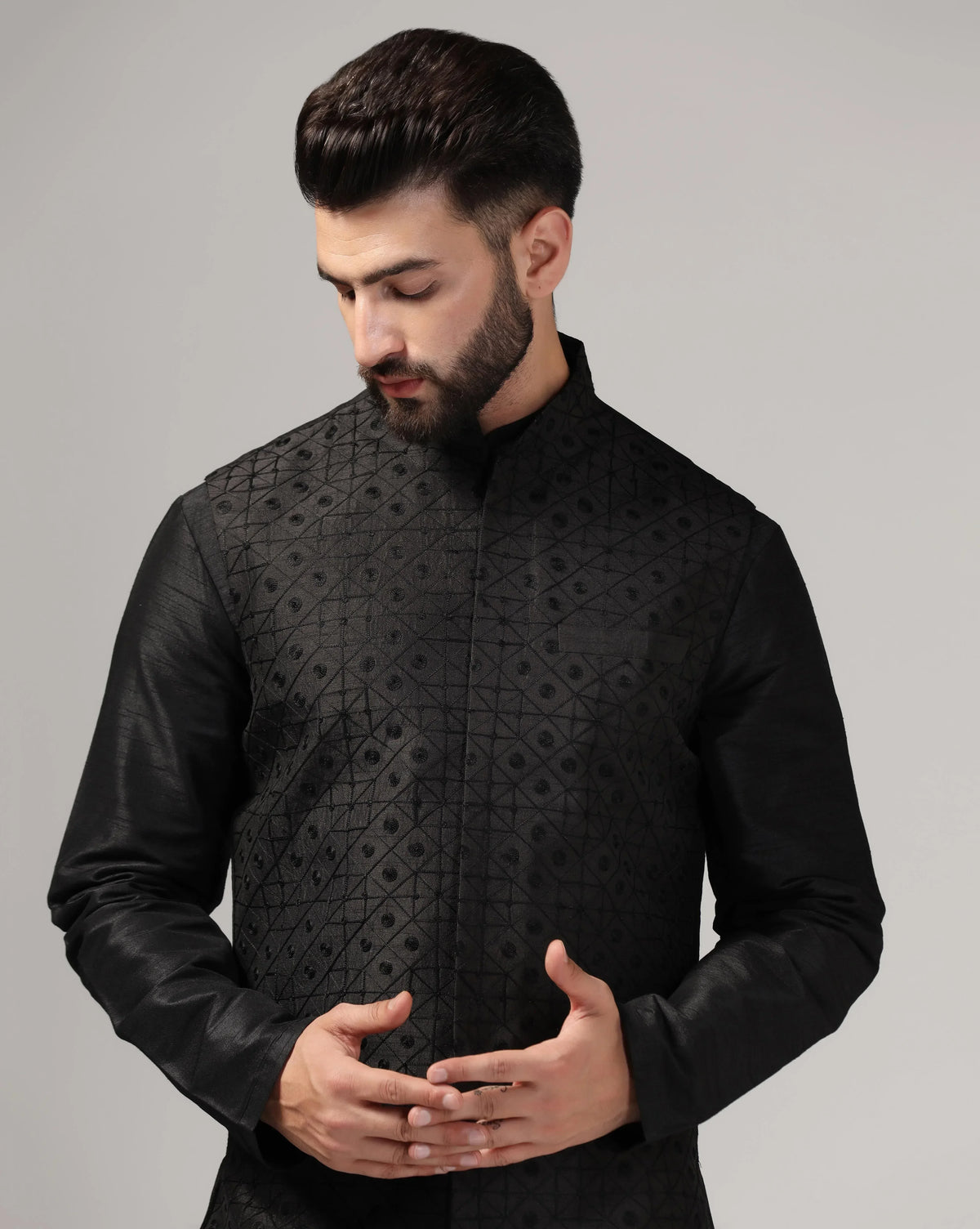 Classic Black Aari Work Nehru Jacket & Kurta Set