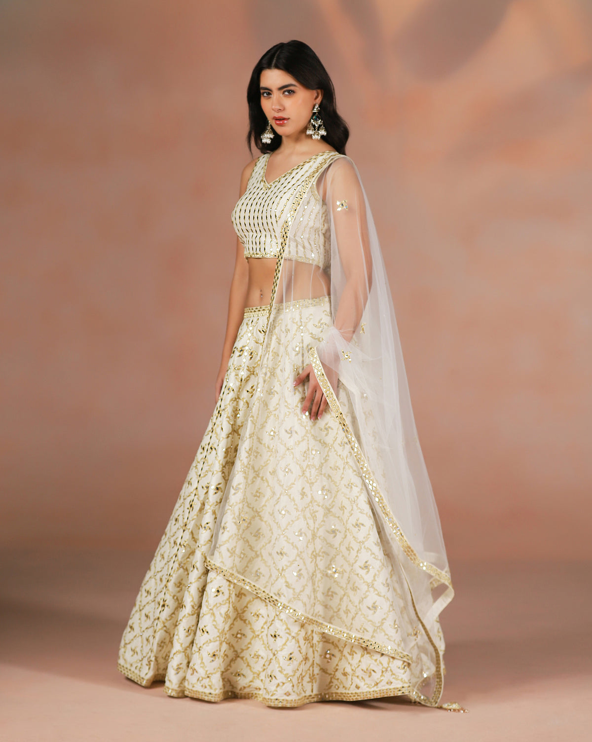 Ivory Dupion Silk Mirror Work Lehenga
