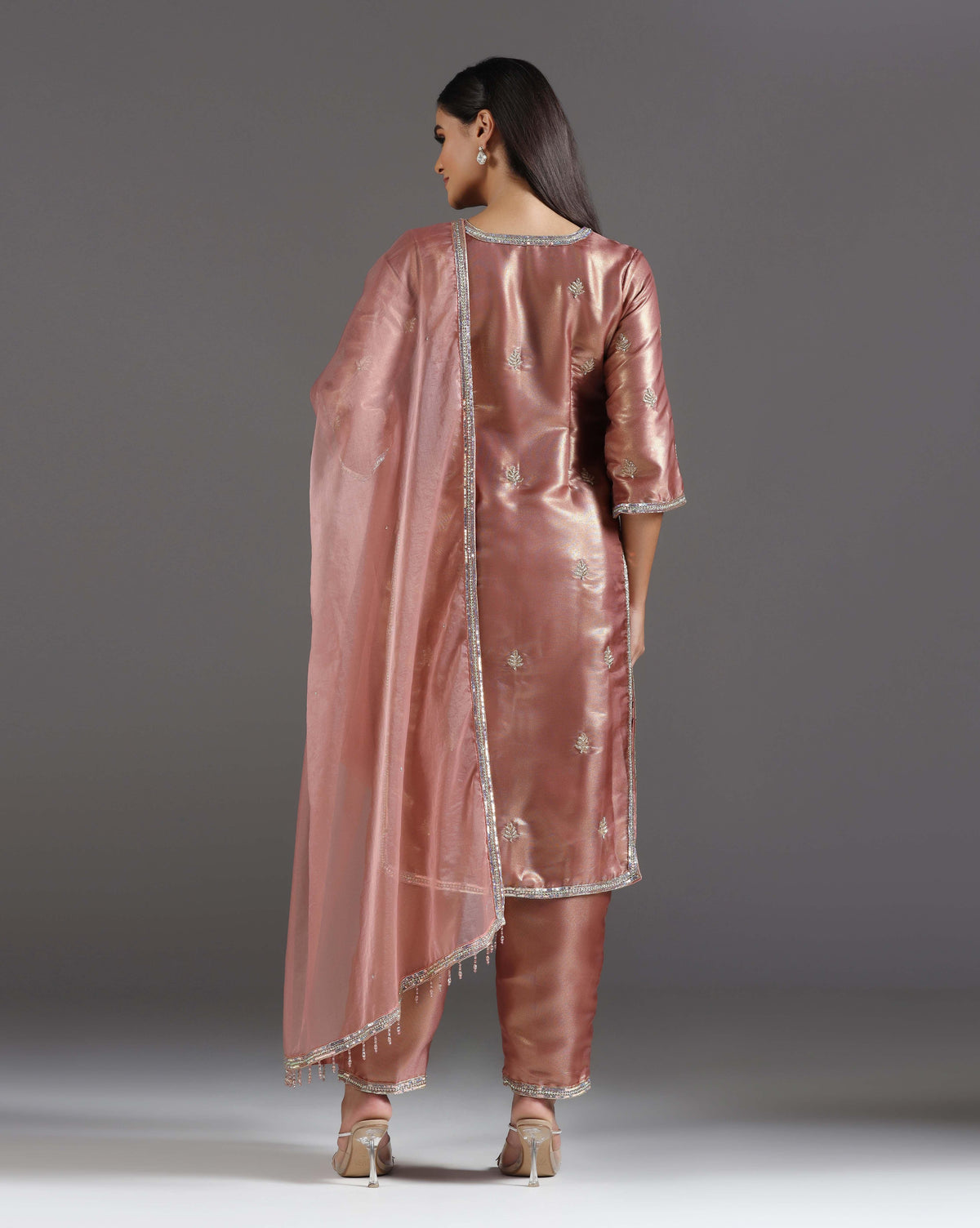 Rose Gold Radiance Tissue Kurta Pant With Handcrafted Detailing