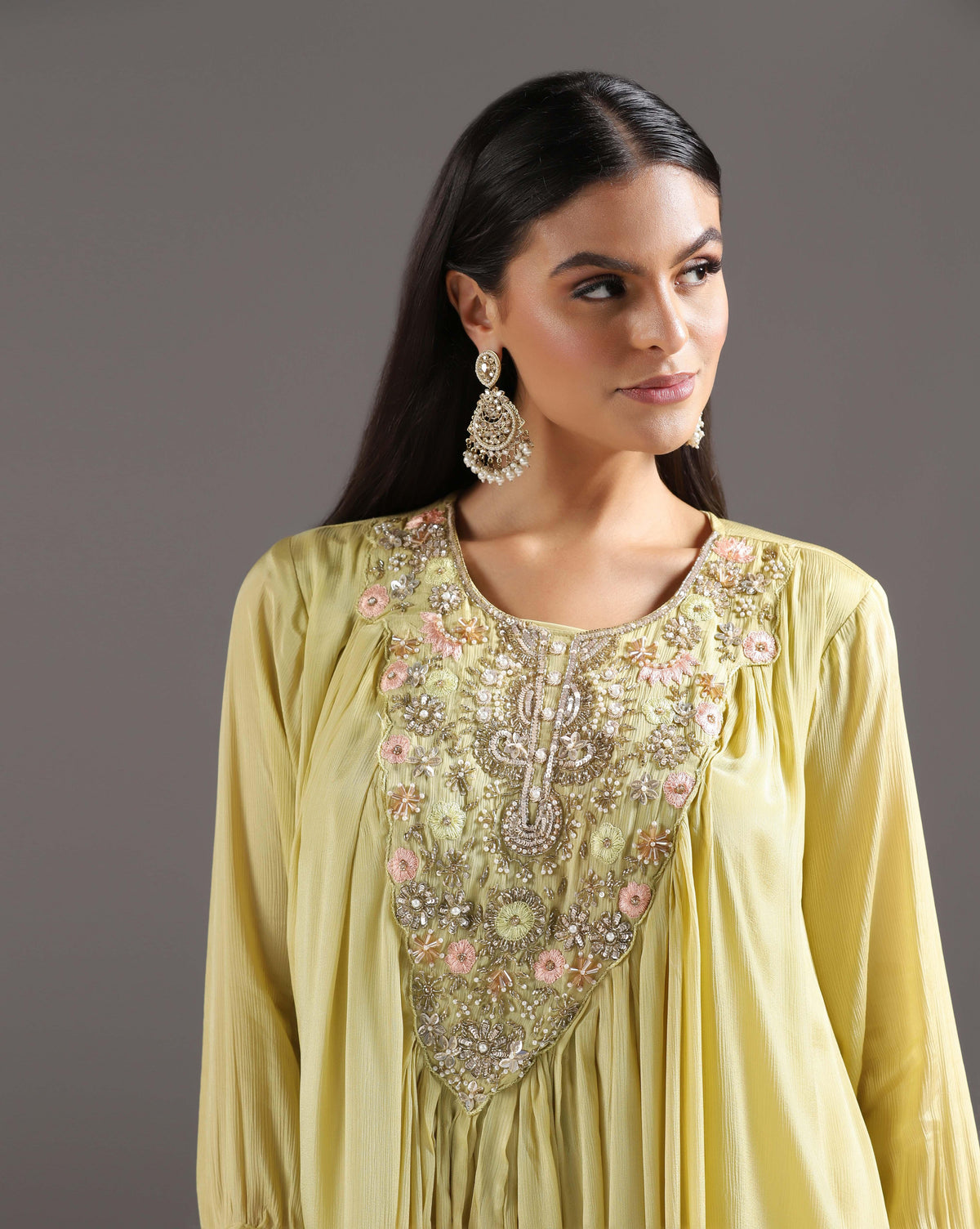Green Glow Embroidered Short Kurti With Chiffon Sharara