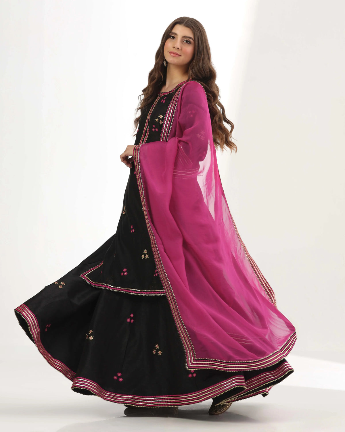 Black Chanderi Long Kurti Lehenga
