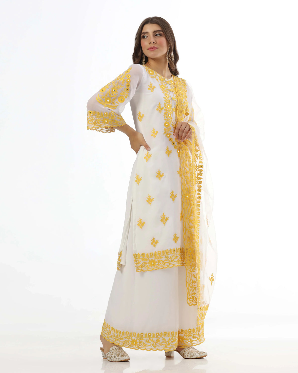 Sunshine Mirror Yellow Kurta Palazzo Set With Aari Detailing