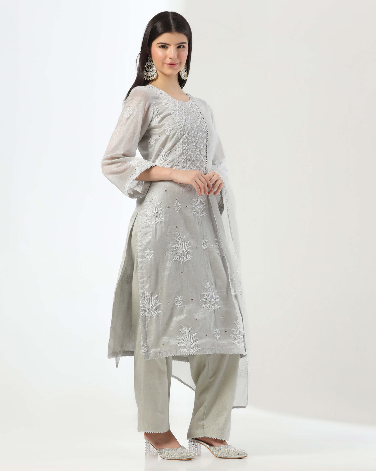 Silver Chikankari Kurta Set