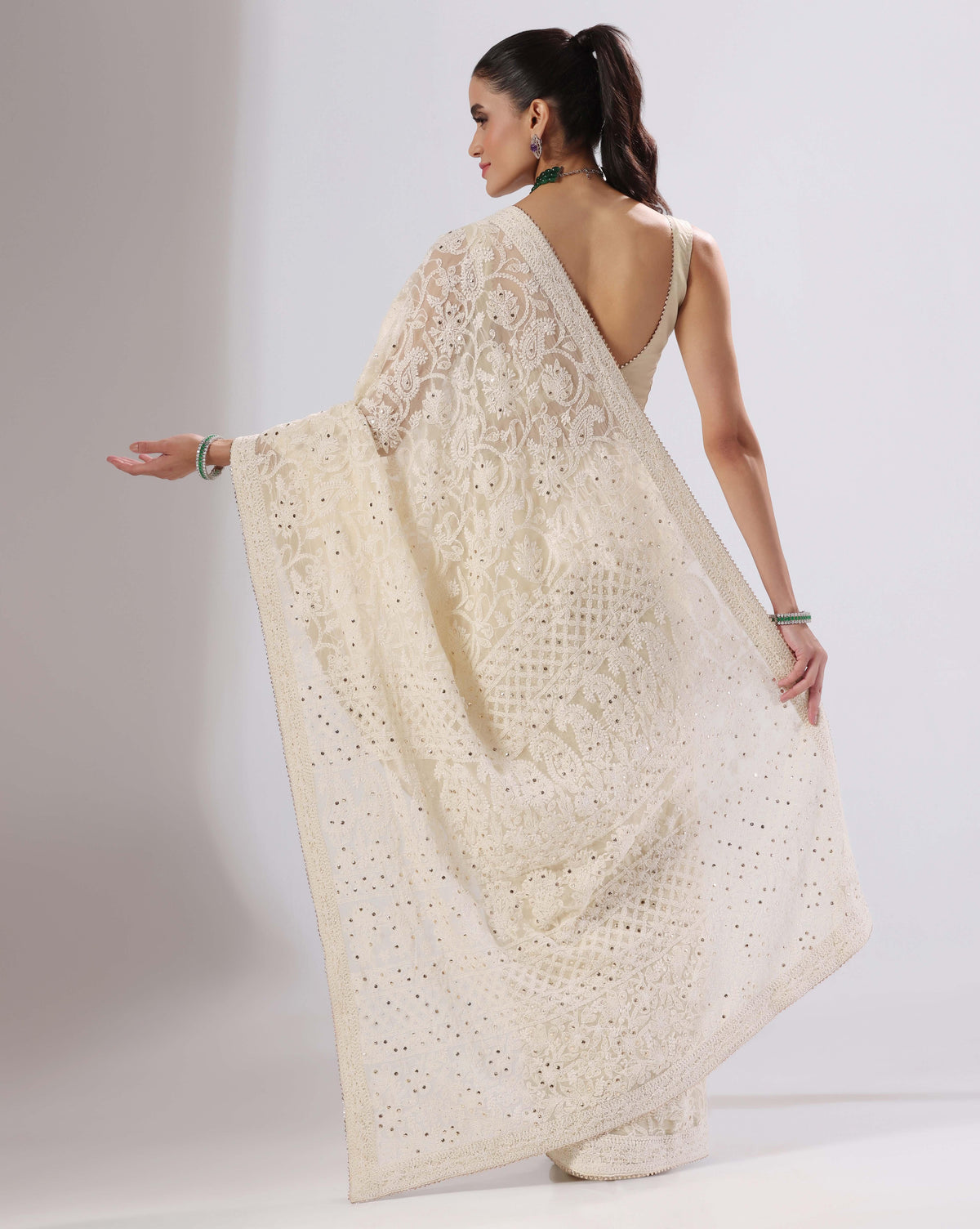 Beige Chikankari Saree With Unstitched Blouse