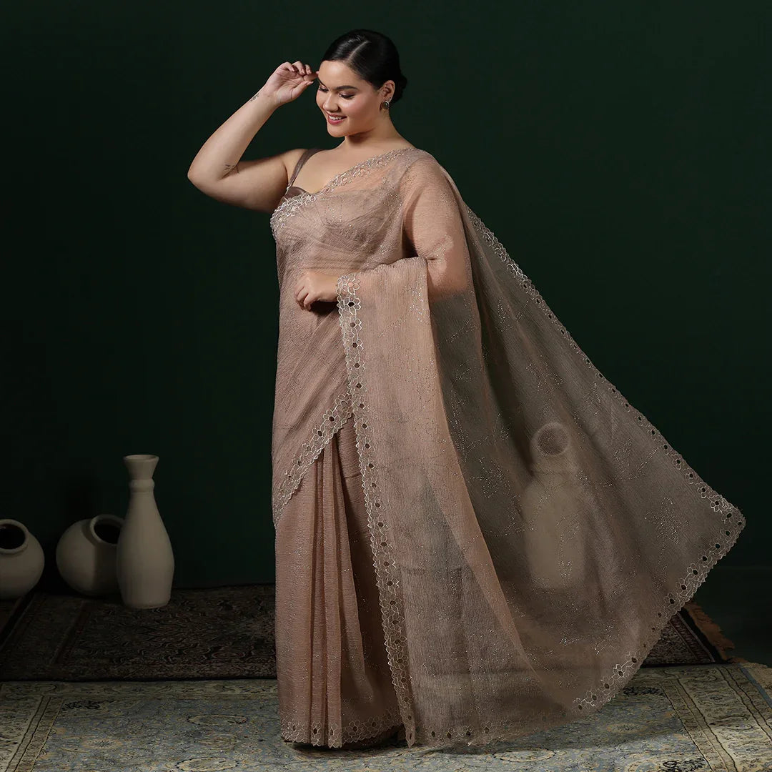 Metallic Gold Chiffon Saree With Unstitched Blouse