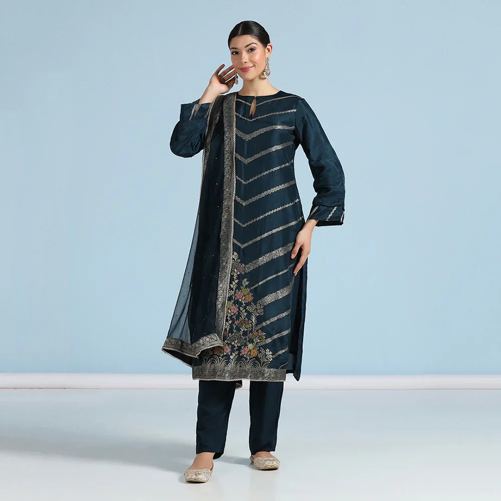 Navy Blue Banarasi Unstitched Suit
