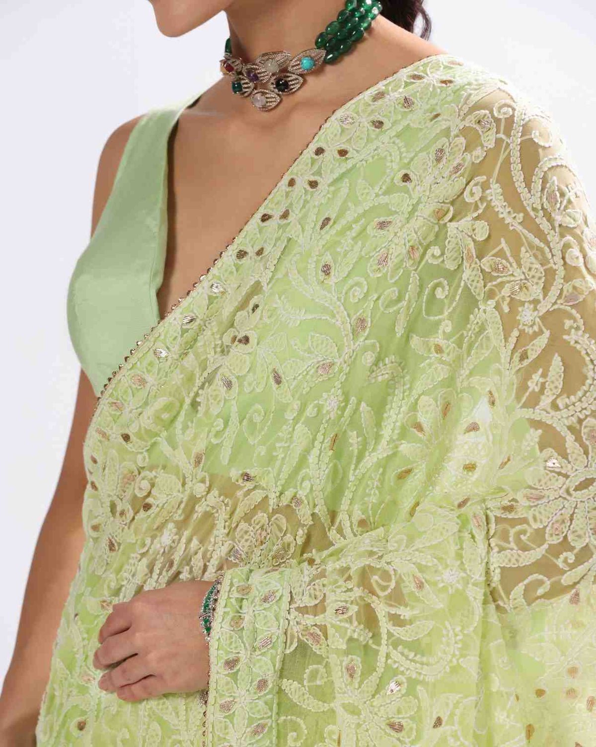 Green Georgette Chikankari Saree