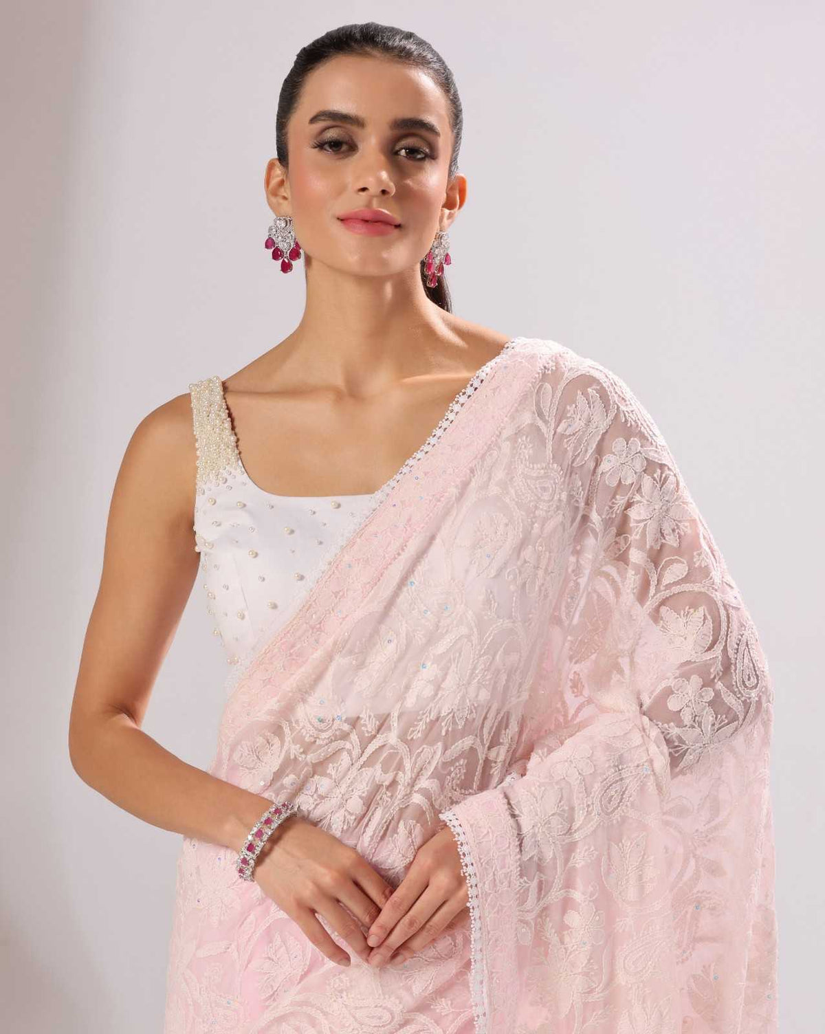 Peach Pink Georgette Chikankari Saree