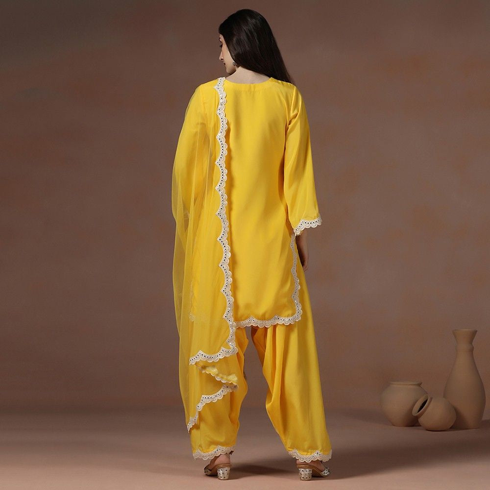 Yellow Crepe Kurta Set Detailed with Lace