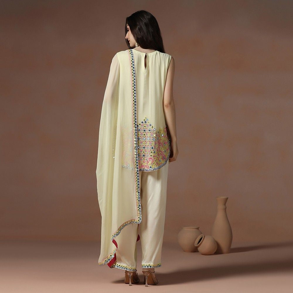 Pastel Yellow Georgette Mirror Work Kurta Set