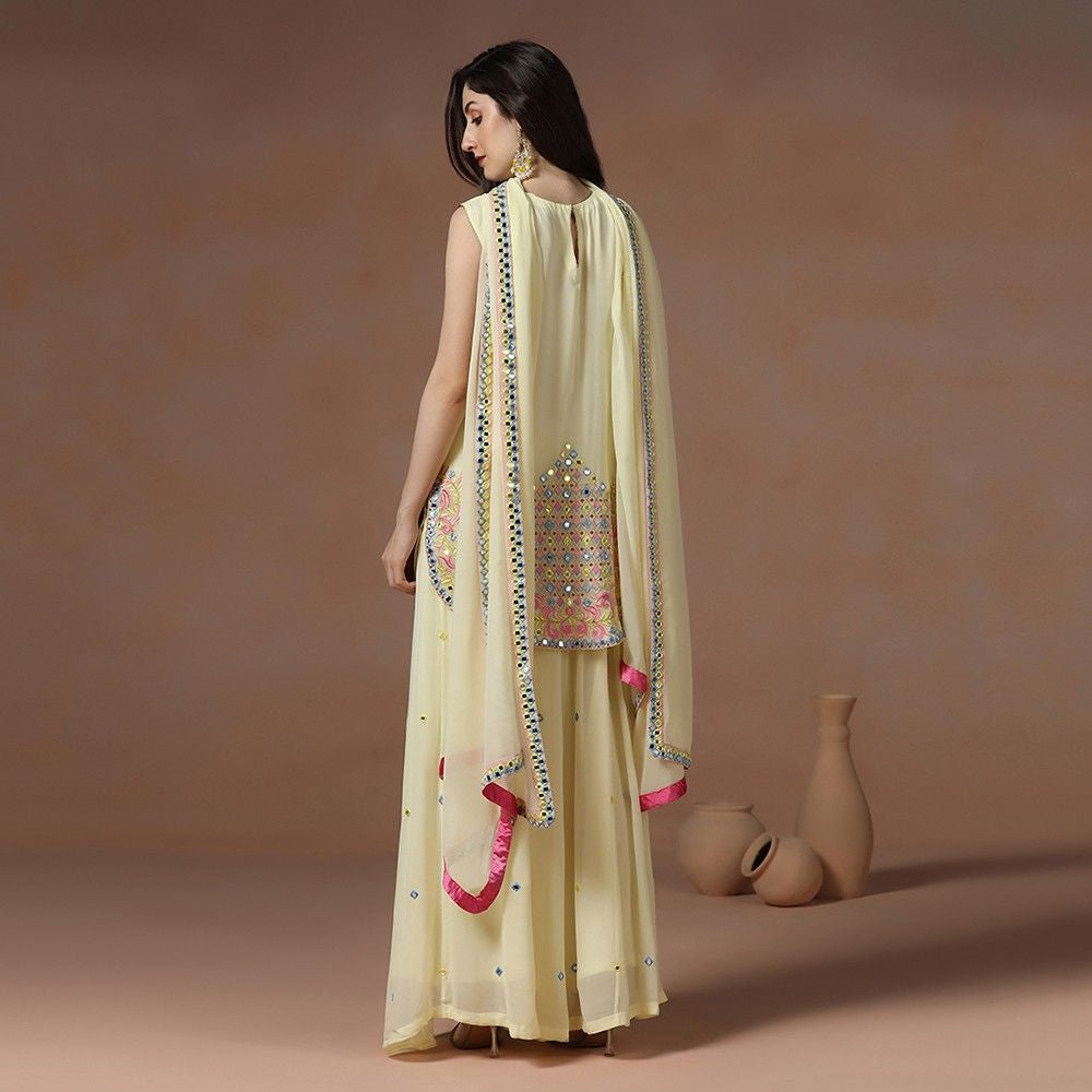 Pastel Yellow Georgette Mirror Work Kurta Sharara Set