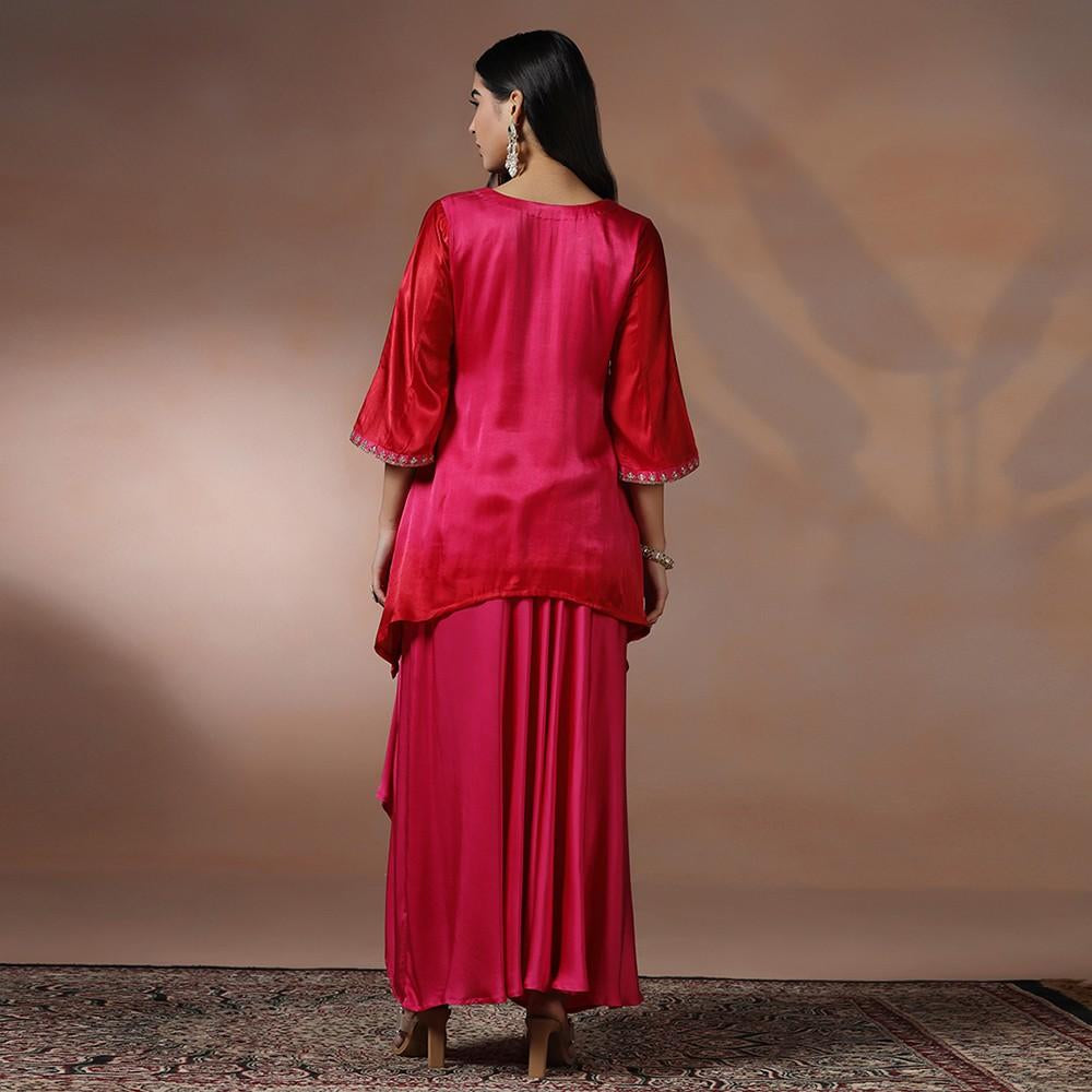 Rani Pink Embroidered Kurta & Drape Skirt Set