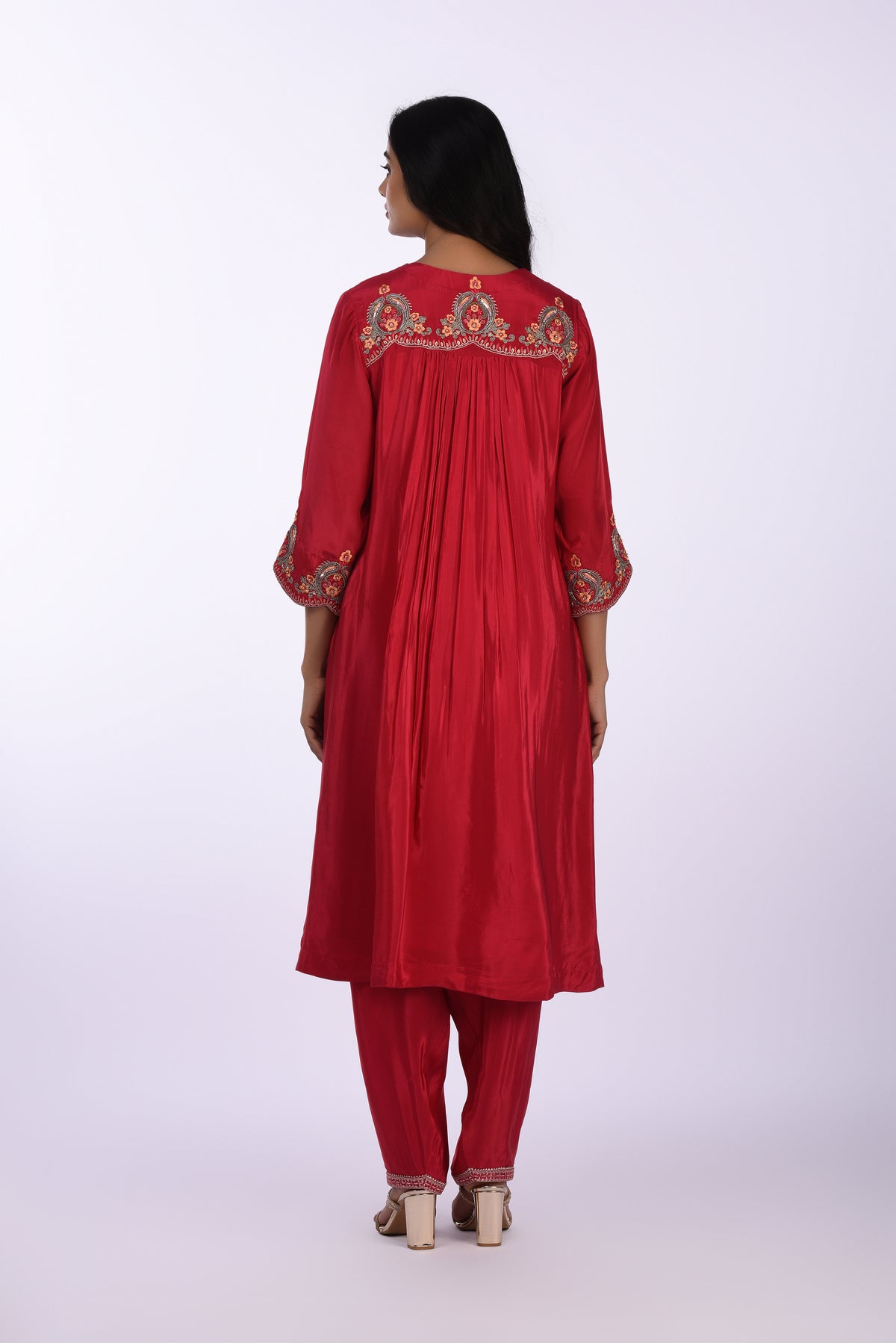 Kurti With Pants Elegant Red Embroidered Kurta Set