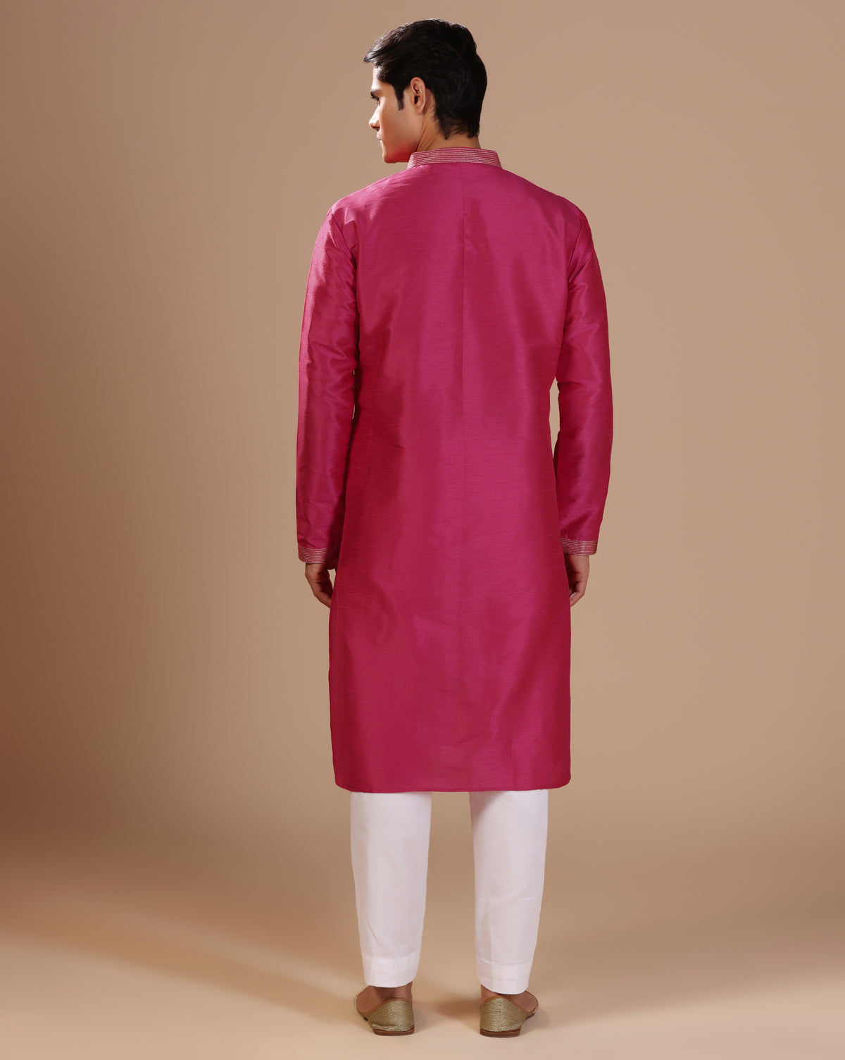 Men's Premium Rani Pink Dupion Silk Kurta Set With Subtle Embellished Placket