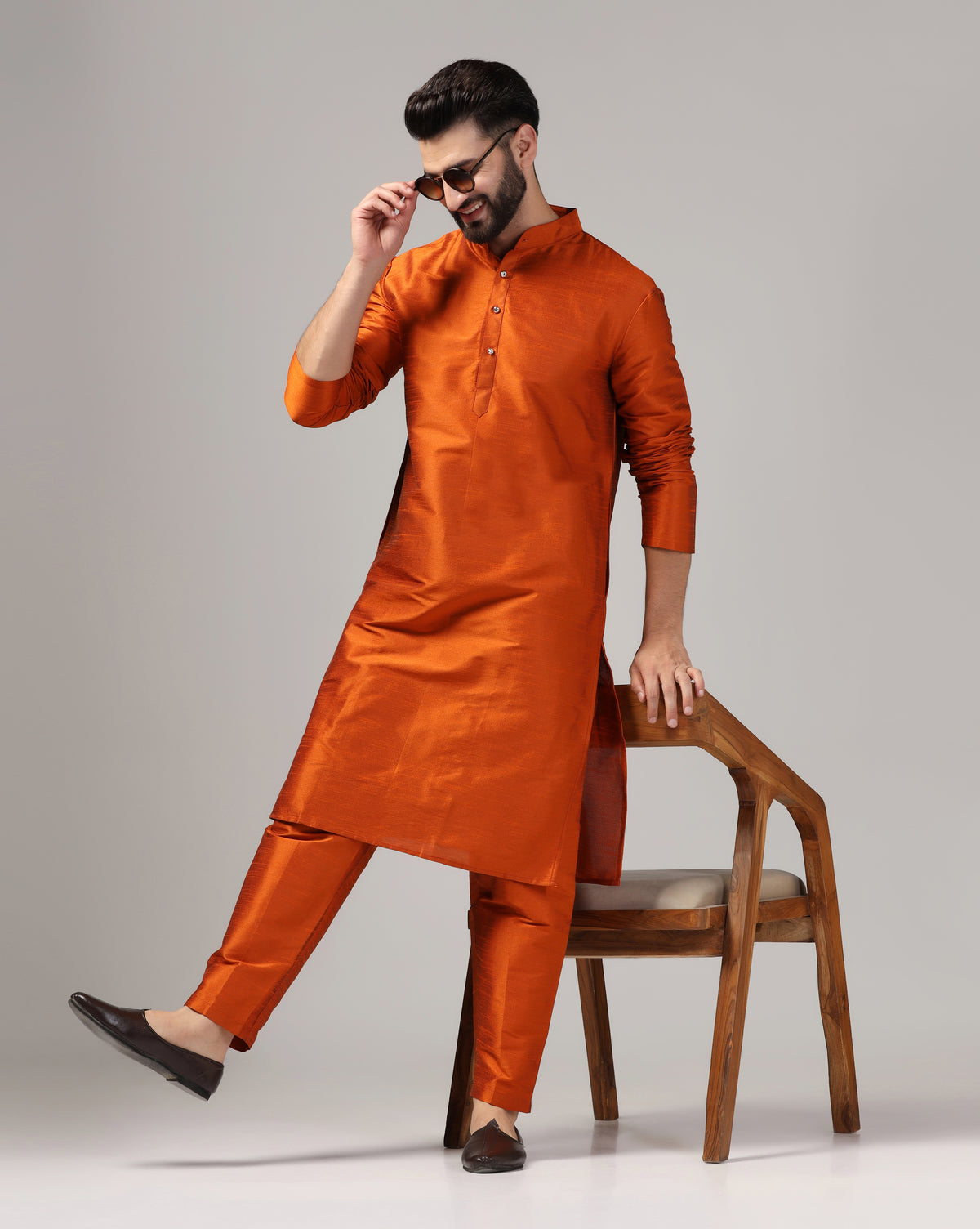 Rust Orange Dupion Silk Classic Kurta Set