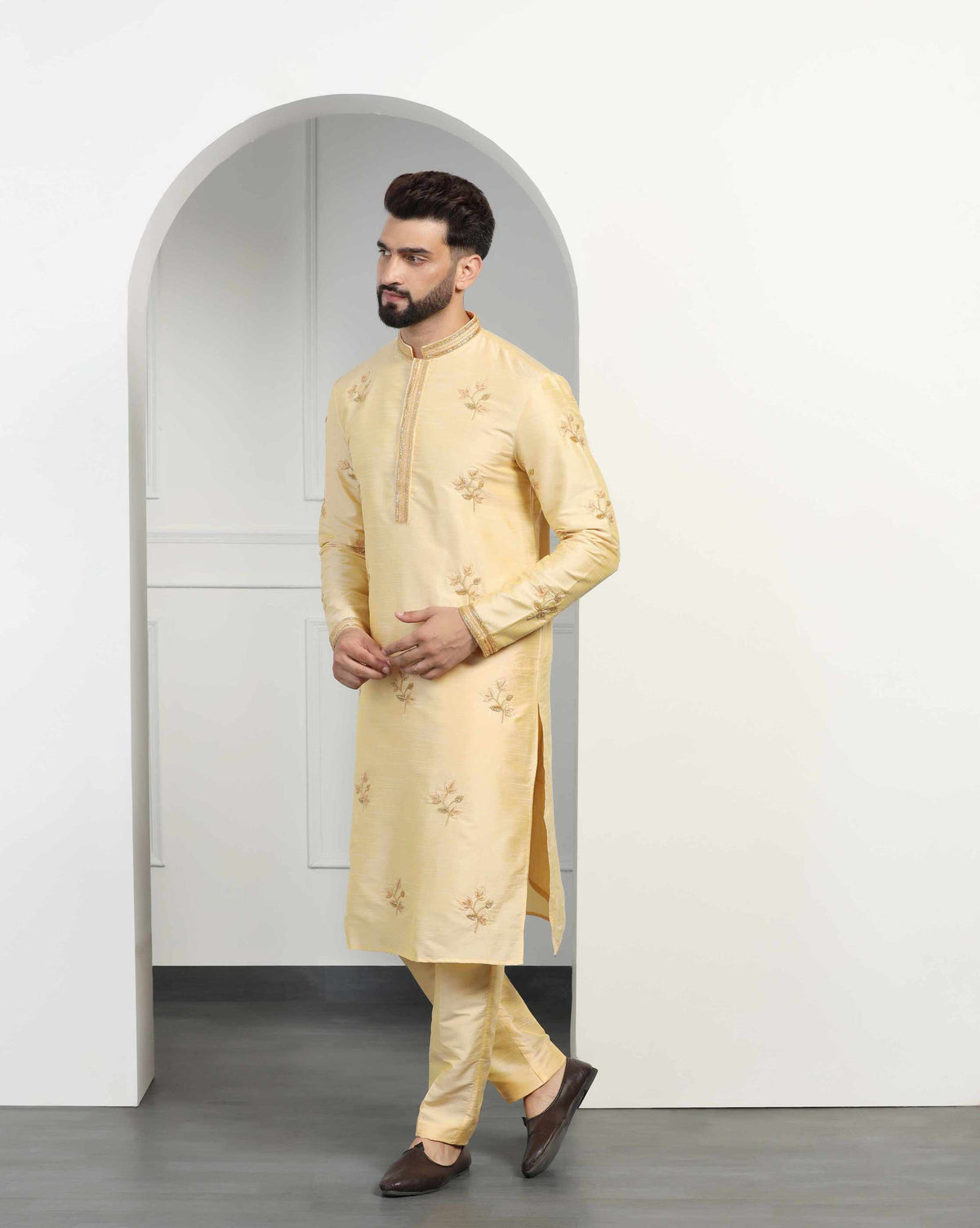 Classic Gold Dupion Silk Embroidered Kurta Set