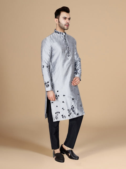 Silver Dupion Silk Embroidered Men's Kurta Set