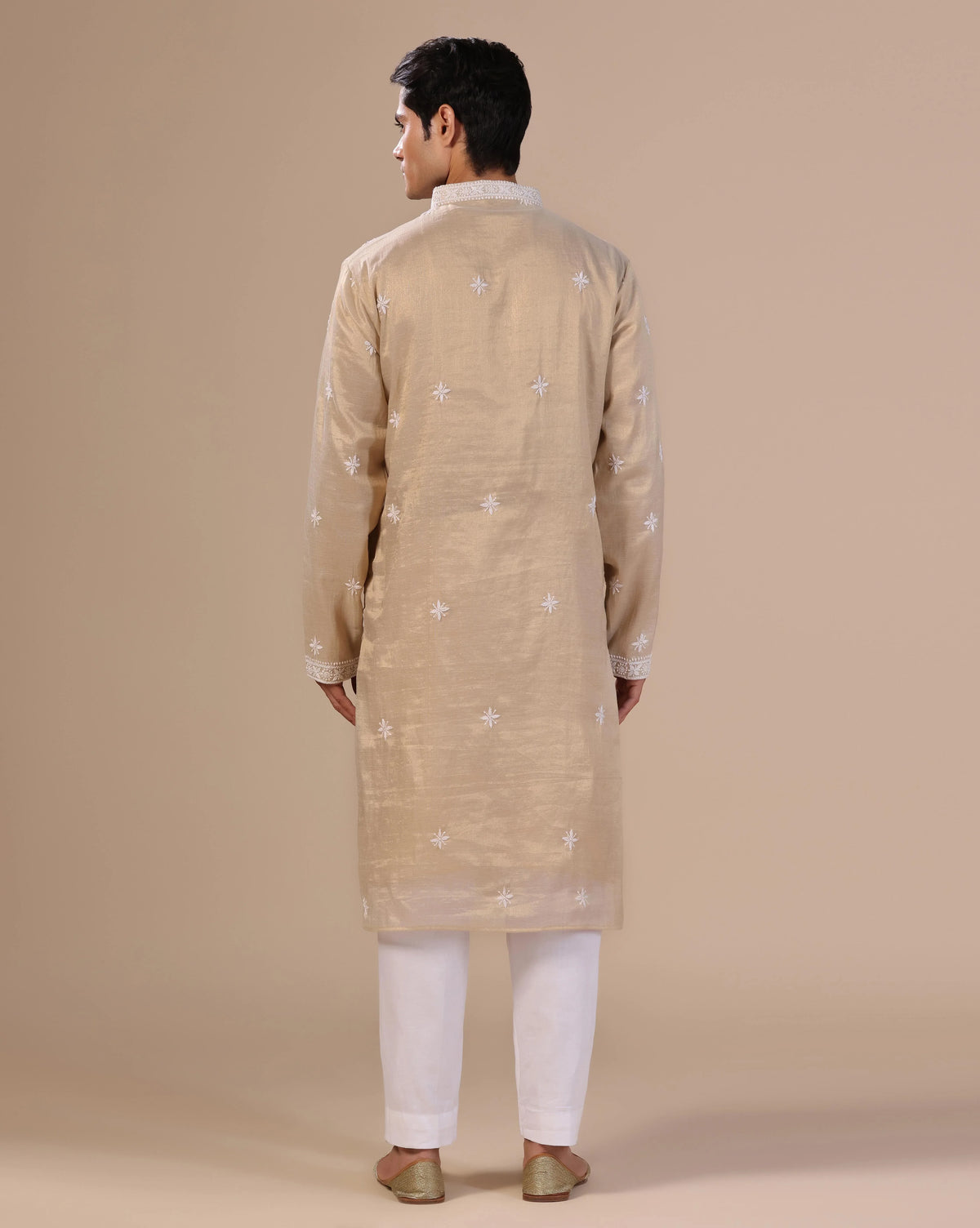 Golden Men's Chikankari Kurta With Mukesh Embellishments