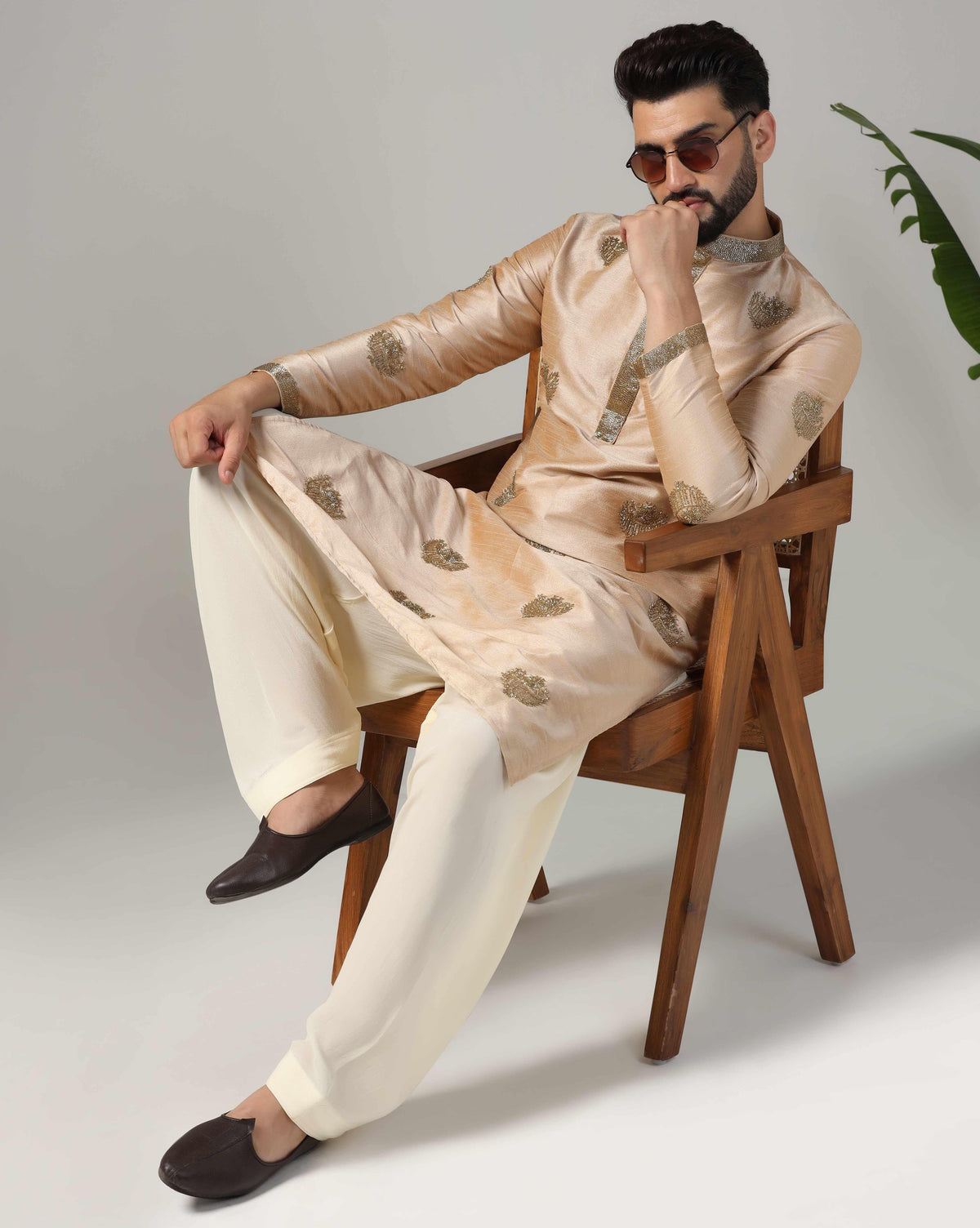 Men's Gold Kurta Set With Intricate Gold Hand Embroidery