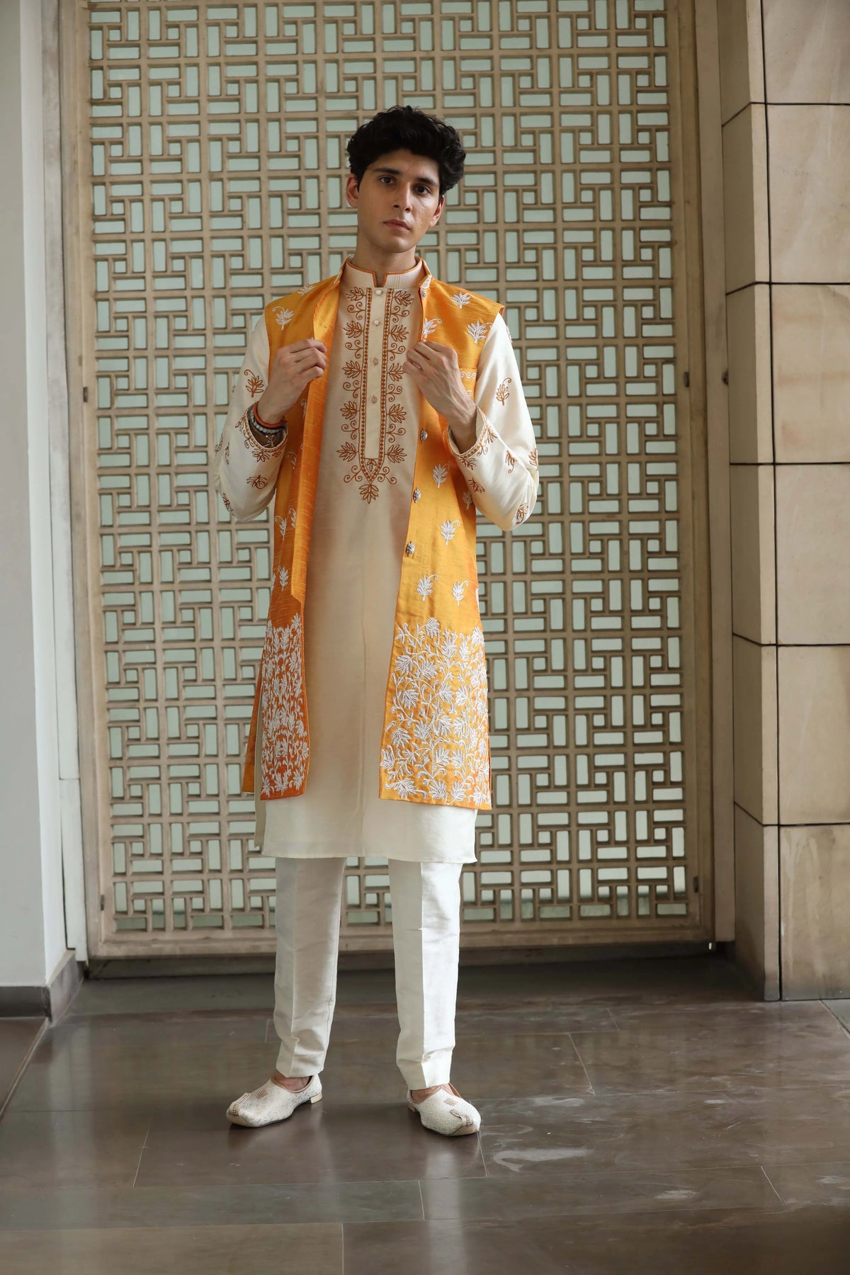 Elegant Cream Kurta Set With Vibrant Jacket