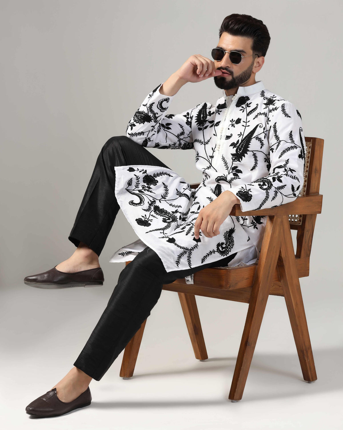 Classic Black & White Men's Chanderi Embroidered Kurta Set