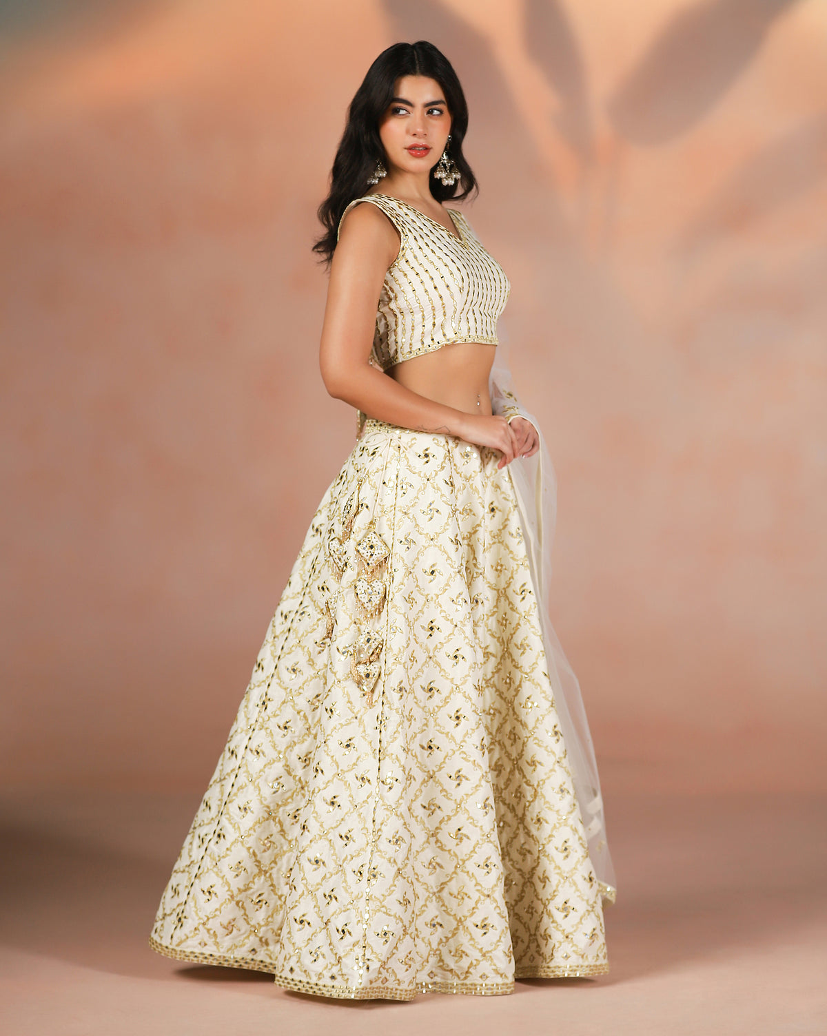 Ivory Dupion Silk Mirror Work Lehenga