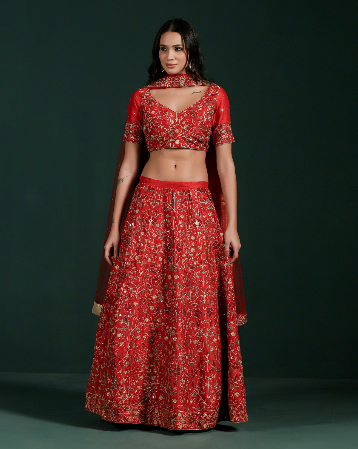 Dupion Silk Red Aari Embroidery Lehenga