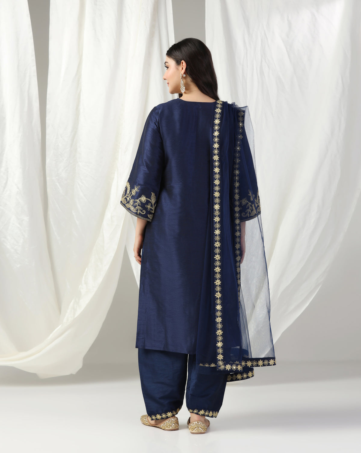 Dark Blue Dori Embroidery Kurta Set with Dupatta