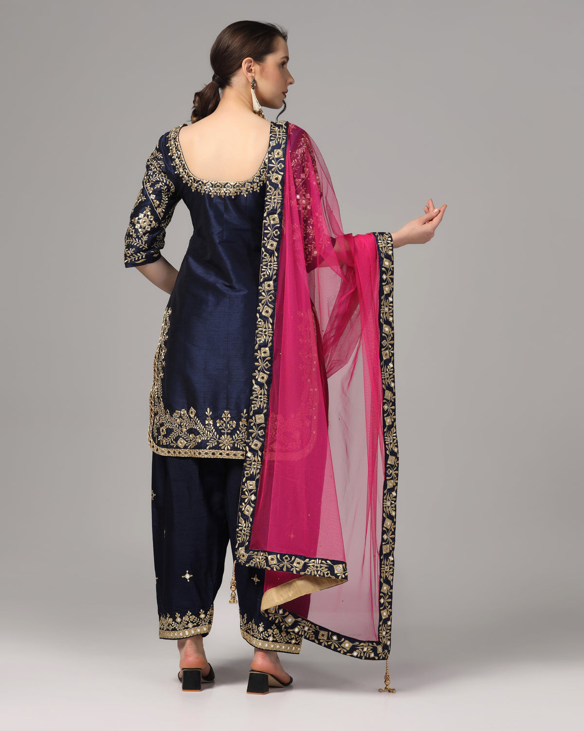 Blue Dupion Silk Suit With Blue Dupatta Zari Thread & Mirror Work.