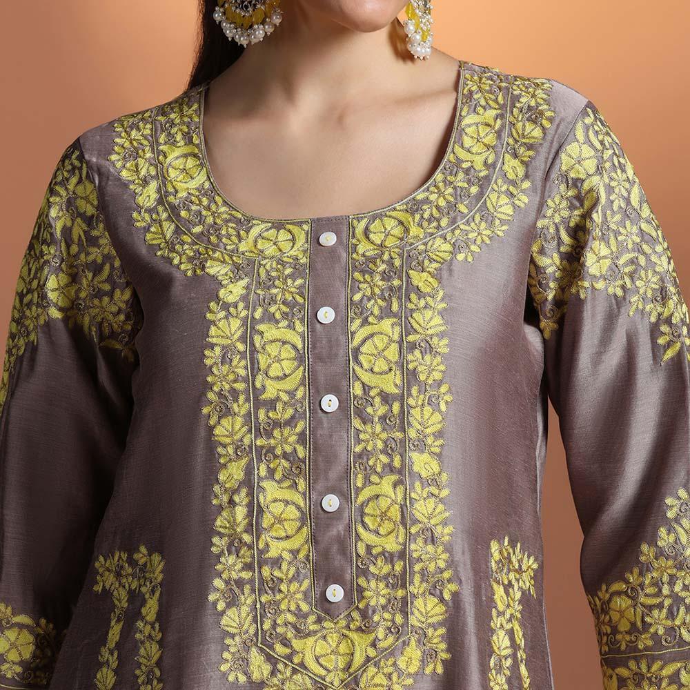 Chanderi Taupe Embroidered Kurti