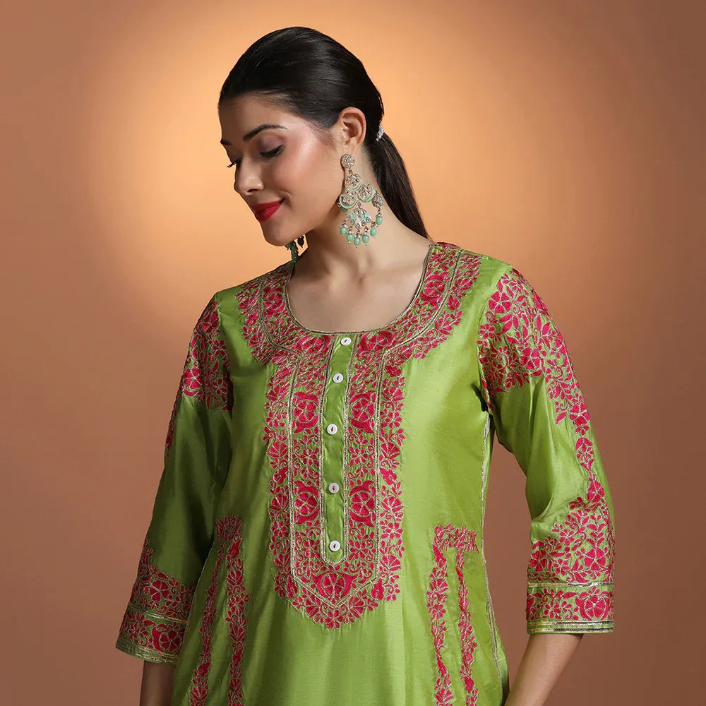 Green Chanderi Embroidered Suit