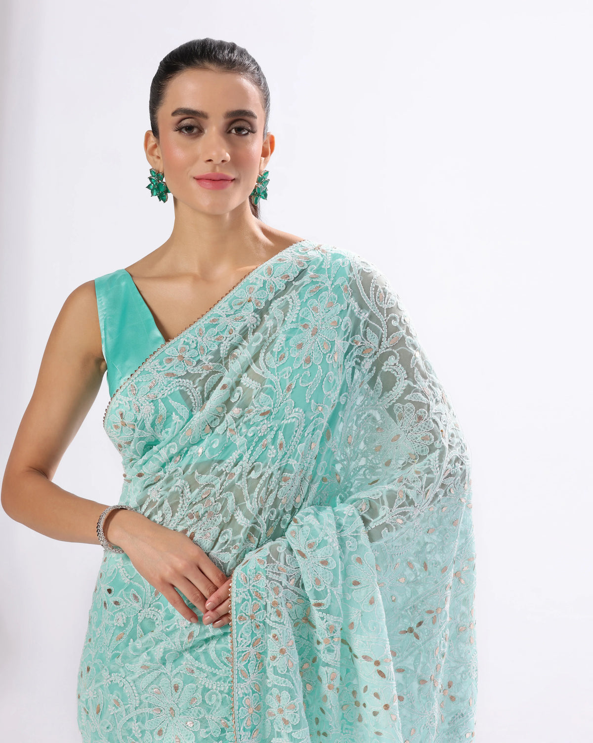 Sea Blue Chikankari Saree With Unstitched Blouse