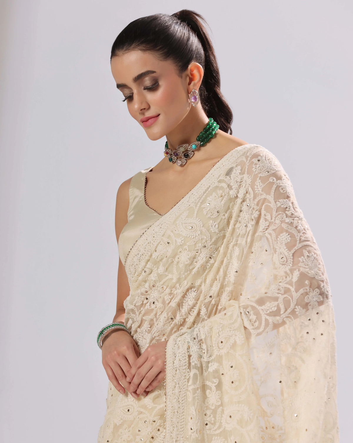 Beige Chikankari Saree With Unstitched Blouse