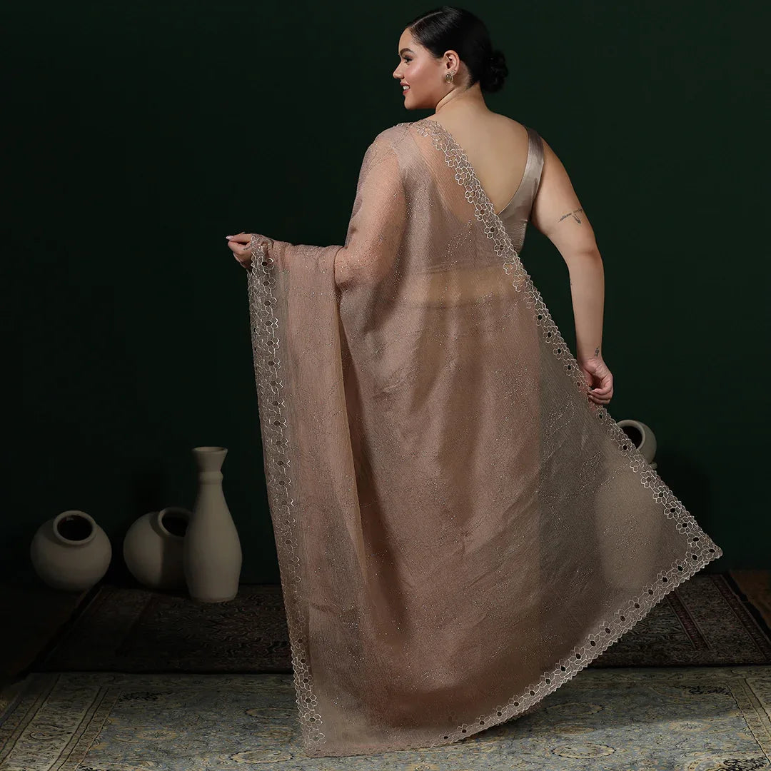 Metallic Gold Chiffon Saree With Unstitched Blouse
