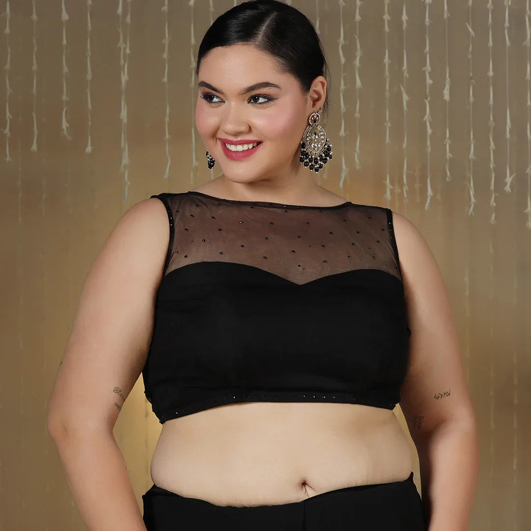 Black Cut Dana Chiffon Saree With Stitched Blouse